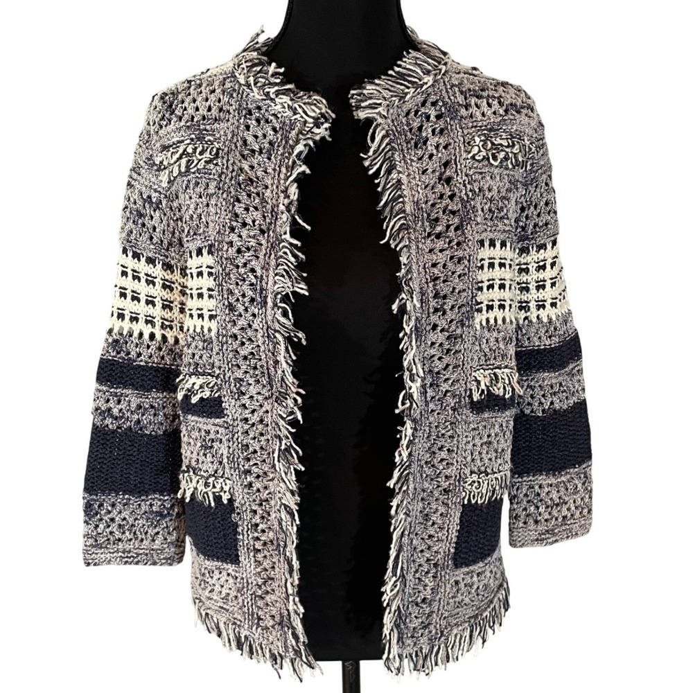 Open Front Crochet Cardigan Sweater Navy Blue Fringe Trim Size 0 Coastal Boho